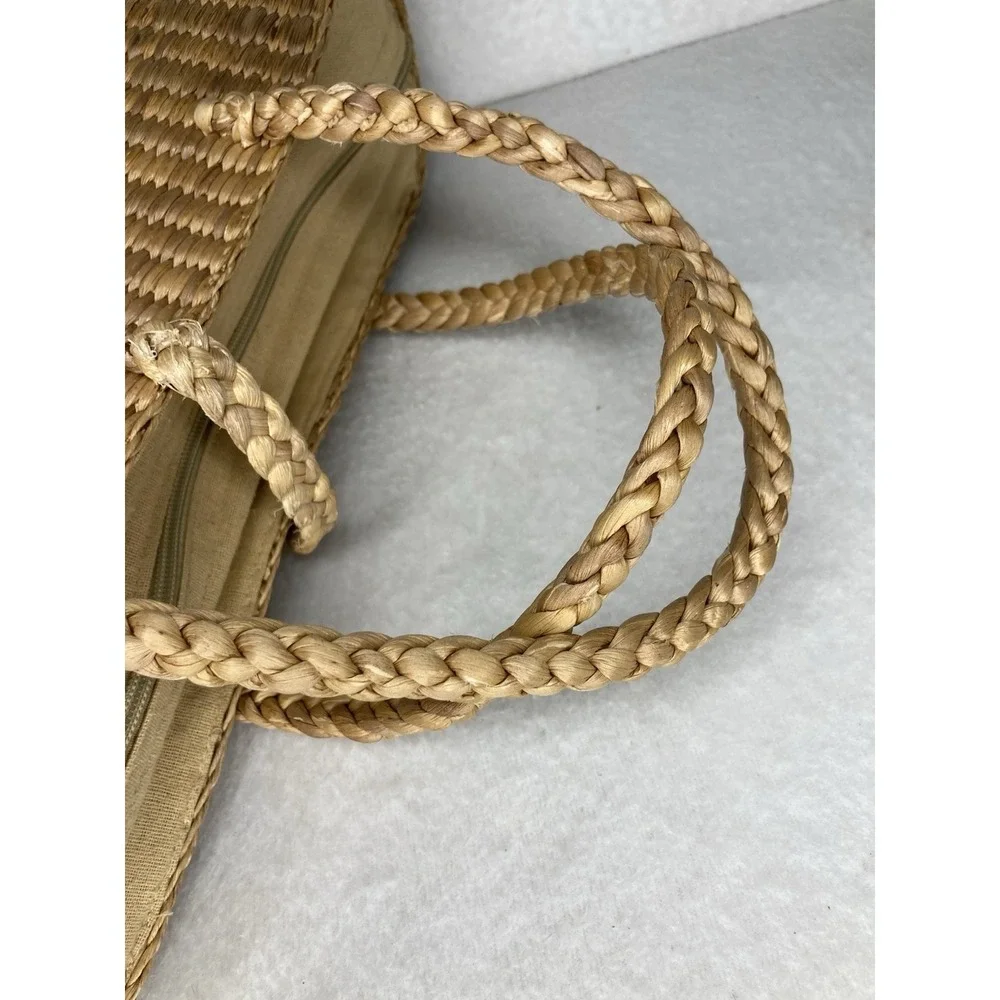 Vintage Handwoven Straw Wicker Purse Market Tote Bag Wooden Rattan Boho Beach